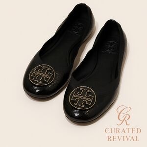 Tory Burch Black Flats with Gold Logo